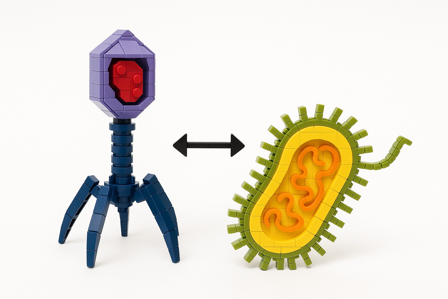 A LEGO bacteriophage and bacterium face each other — illustrating the co-evolutionary arms race